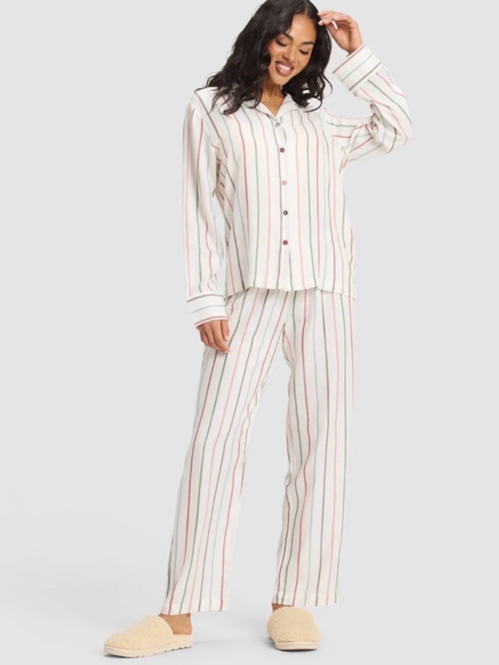 Striped Cream Long-Sleeve Button Pajama Set